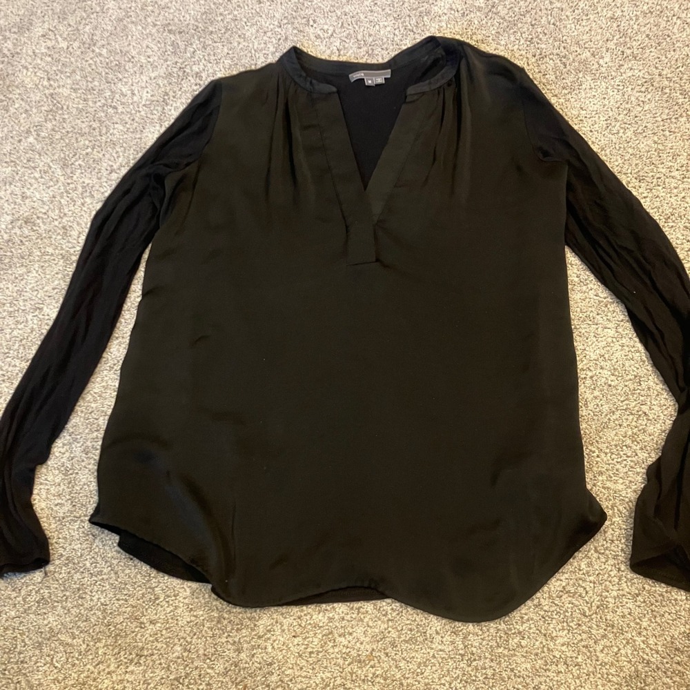 Vince Black Mixed Media V-Neck Blouse Cashmere Blend Long Sleeve M Quiet Luxury